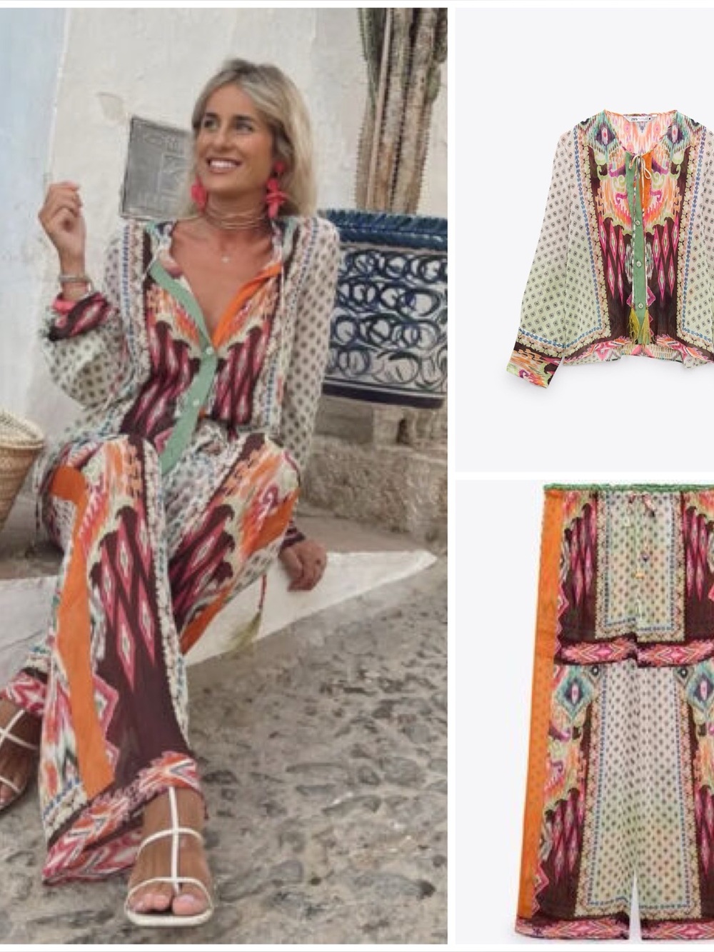 New Zara $140 2 Piece Printed Boho Co Ord Outfit Small 7651/021 7624/043